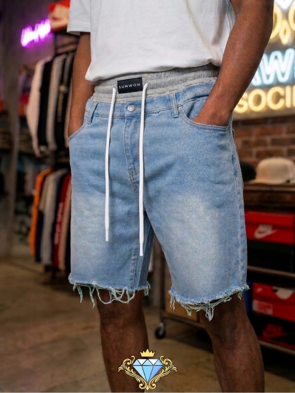 Sumwon x SHEIN Layered Waistband Raw Hem Denim Shorts | Light Wash Size Large
